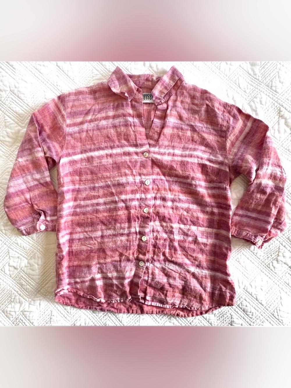 Chico's Design Vintage Linen Button Up Size 1 (Medium) Pink Coral White Striped